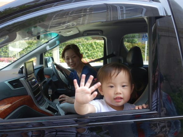 A mother at the wheel while her small son waves through the car window.