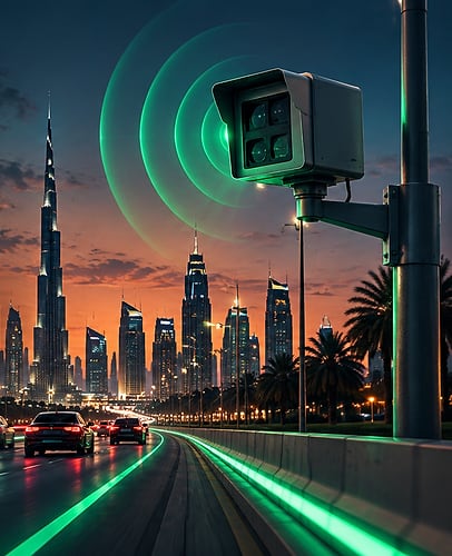 A speed camera on a pole above a Dubai highway at dusk, green signal waves around its lens, the Burj Khalifa and the skyline behind the traffic.