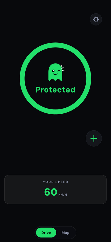 The Ghost app on a drive through Dubai: a full green ring around the winking ghost with the word Protected, a speed of 60 km/h, and the Drive and Map switch at the bottom.