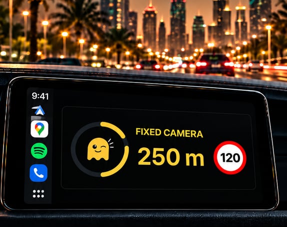 A car dashboard at night in Dubai. The car screen shows the Ghost warning FIXED CAMERA, 250 m, with a limit sign reading 120.