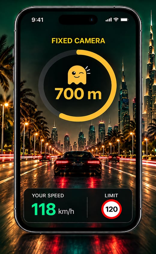 An iPhone on a Dubai highway at night showing the Ghost warning FIXED CAMERA, 700 m, with a speed of 118 km/h beside a limit sign reading 120.