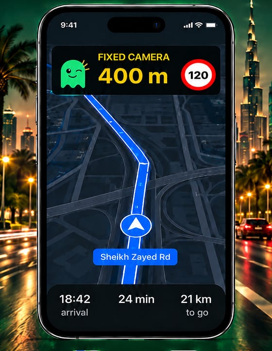 An iPhone in a car at night showing a navigation map, with the Ghost warning FIXED CAMERA, 400 m and a limit sign reading 120 across the top.