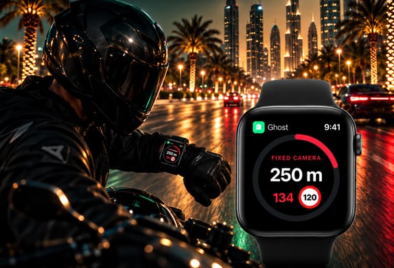 A motorcyclist at night on a Dubai road, glancing at an Apple Watch that shows the Ghost warning FIXED CAMERA, 250 m, with a limit sign reading 120.